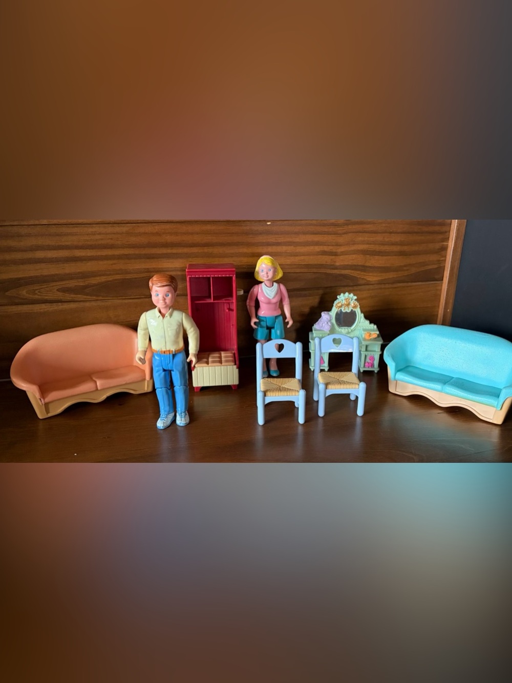 Vintage Fisher price loving family dollhouse accessories and 2 dolls